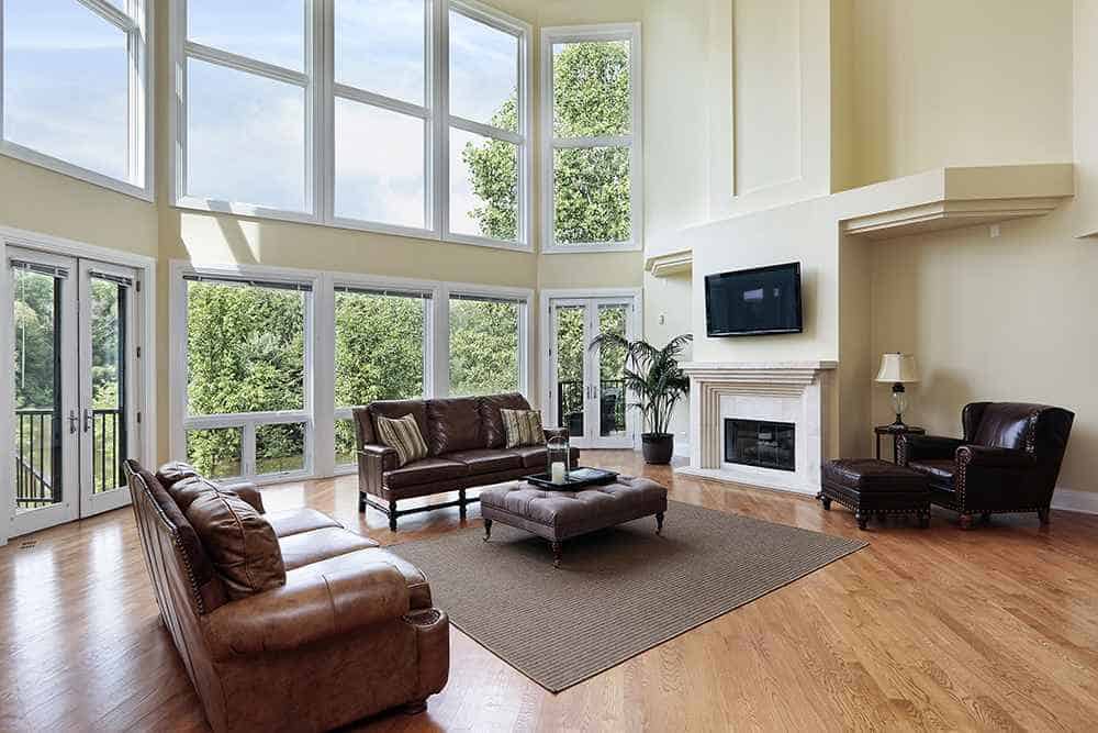 large windows and fireplace